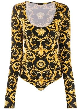 Versace Black and Gold Baroque Scoop-Neck Long Sleeve Bodysuit